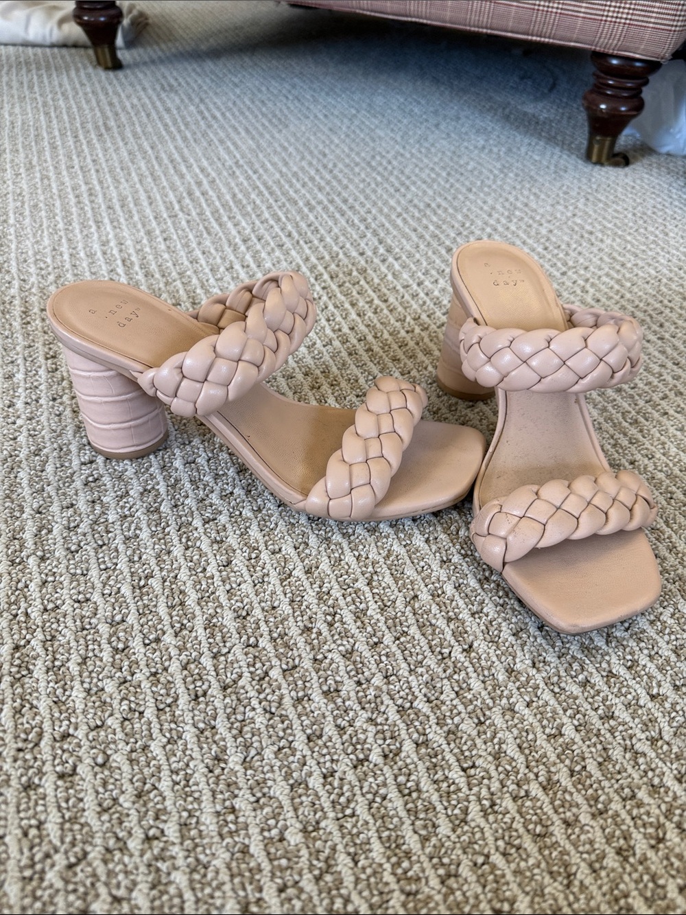 Braided Strap Block Heel Sandals - Blush Pink